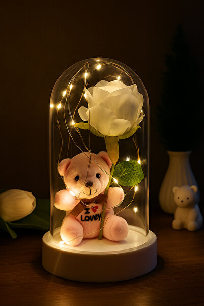 LUZAB Beyaz Güllü I Love You Yazılı Sevgililer Günü Işıklı Lüks Ayıcıklı Ledl...