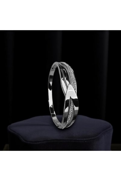 TAKVANOV 316L Steel, Silver Color Women's Steel Cuff Bracelet – Stone Detail – Stylish and Elegant Design