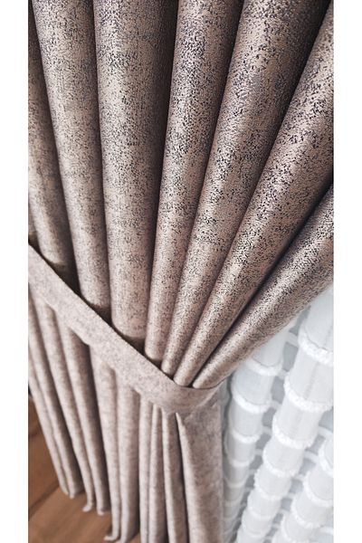 Yuka Truva Brown Double Wing Closely Pleated Jacquard Satin Textured Background Curtain with Bright Pattern 100 X 250