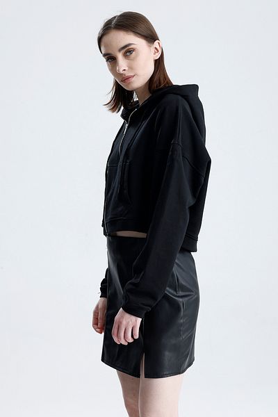 Sofist İstanbul Black Essentials Fit Women's Zip Hoodie 100% Cotton Hooded Off Shoulder Zip Kangaroo Pocket