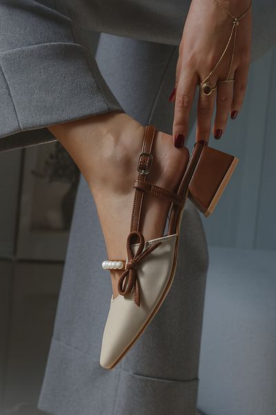 moon glow Open Back Heel Shoes Open Back Evening Dress Shoes Pearl Detailed Vegan Leather Heels