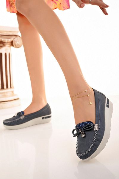 epaavm Wedge Heel Stoned Navy Blue Denim Shoes