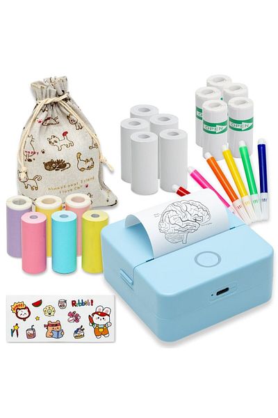 EALMEU Mini imprimanta portabila BLUE, Bluetooth, 5role albe, 3colorate autoadezive,5 alb,3 colorate simple