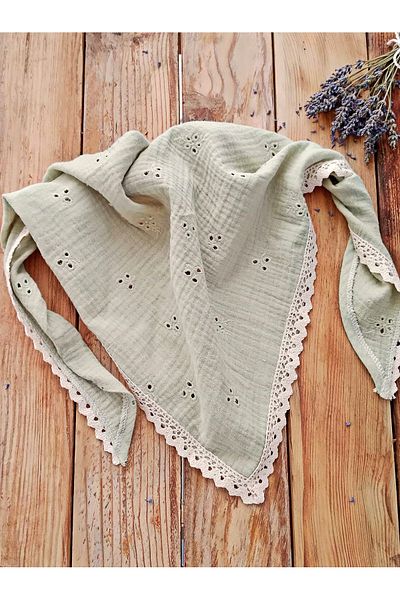 Mufincollection Cotton Embroidered Muslin Fabric Triangle Bandana – Triangle Shawl with Fisto Detail