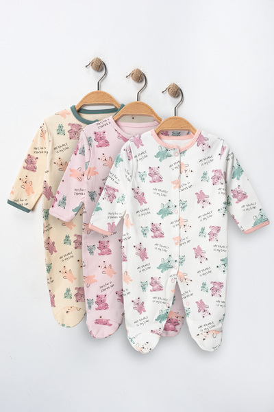 ENİA BABY Kız Bebek Baskılı Pamuklu Patikli 3lü Tulum Renkli Desenli 3-6-9 Ay...