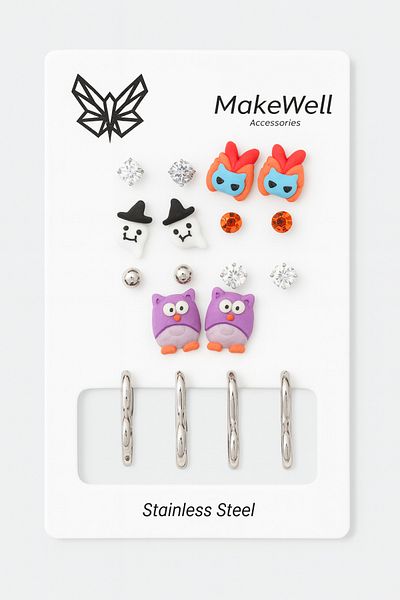 MakeWell Set of 9 Colorful Halloween Design Steel Earrings - Anti Tarnish and Star Earrings