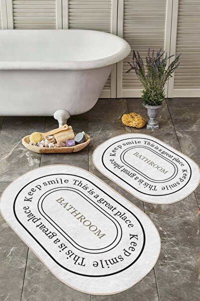 Realhomes مجموعة سجادة حمام بيضاوية الشكل مطبوعة باللونين الأسود والأبيض حديثة مكونة من قطعتين وقاعدة مضادة للانزلاق وقابلة للغسل