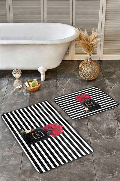 Realhomes زجاجة عطر مخططة باللونين الأبيض والأسود ومجموعة سجادة حمام حديثة مكونة من قطعتين غير قابلة للانزلاق