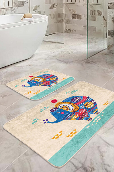 Realhomes مجموعة من 2 سجادة حمام قابلة للغسل بنمط الفيل باللون الأزرق الفيروزي وقاعدة غير قابلة للانزلاق