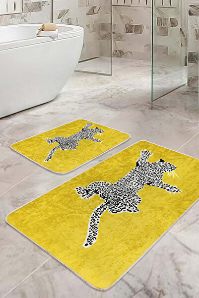 Realhomes Modern 2-Piece Non-Slip Base Washable Bath Mat Set with Striped Leopard Pattern on Yellow Background