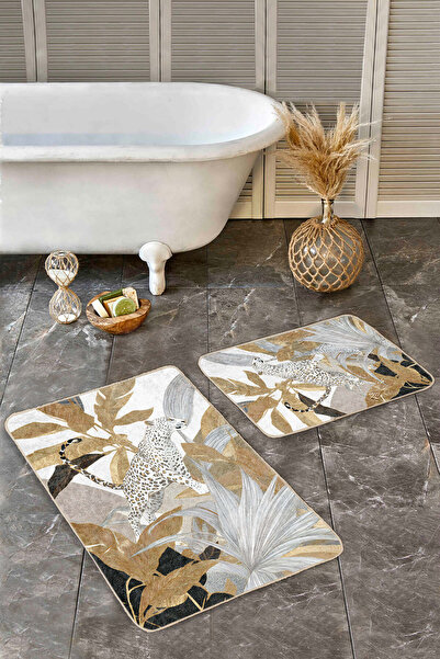 Realhomes Gold Leaves Leopard Patterned Modern White 2-Piece Non-Slip Base Washable Bath Mat Set