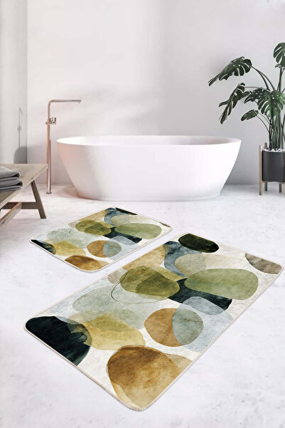 Realhomes Watercolor Bubble Patterned Water Green and Mustard Yellow 2-Piece Non-Slip Base Washable Bath Mat Set