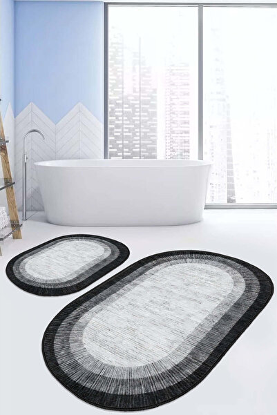 Realhomes Gri-siyah Oval Çerçeveli Dijital Desenli 2'li Kaymaz Taban Yıkanabi...