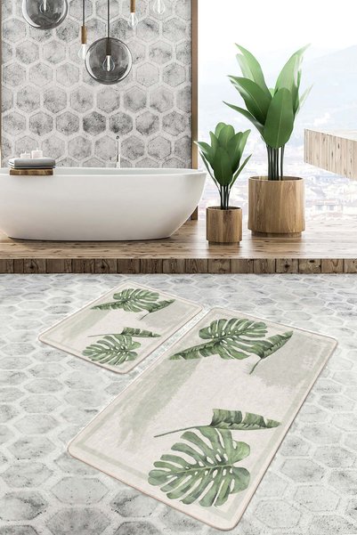 Realhomes Green Monstera Leaf Patterned Modern Set of 2 Non-Slip Base Washable Bath Mat
