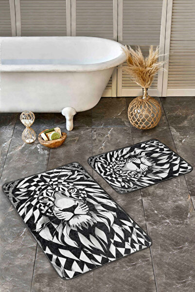 Realhomes Black-White Geometric Lion Patterned Modern 2-Piece Non-Slip Base Washable Bath Mat Set