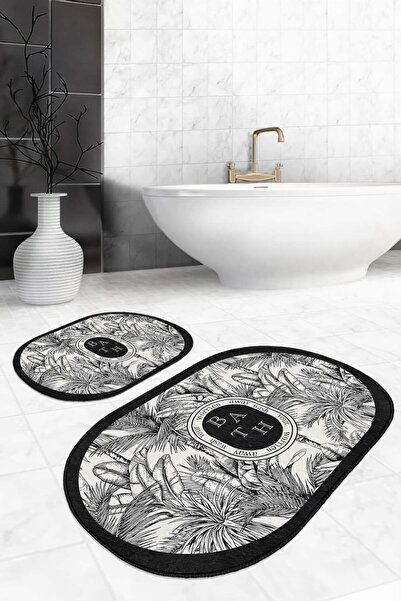 Realhomes مجموعة سجادة حمام حديثة قابلة للغسل وقاعدة غير قابلة للانزلاق منقوشة بأوراق استوائية باللونين الأسود والأبيض