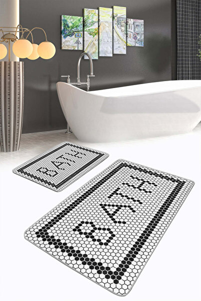 Realhomes Black and White Mosaic Bath Written Modern 2-Piece Non-Slip Base Washable Bath Mat Set