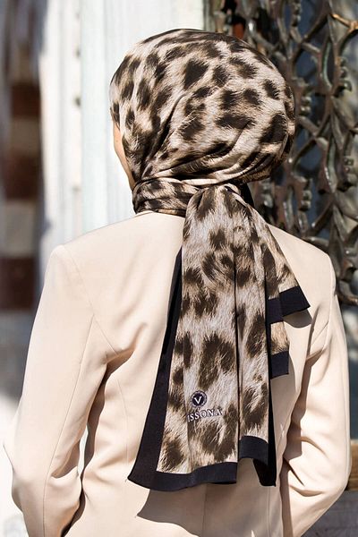 Vissona Luxury Medina Silk Leopard Pattern Beige - Μαύρο Χρώμα 75x195 Ανθεκτικό Σάλι Moss Crepe Τύπος Ραπτικής Ιταλικής