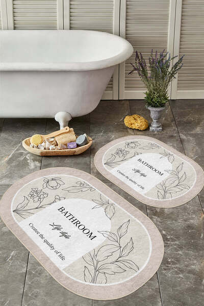 Realhomes Oval Framed Flower Drawing Bahtroom Writing Patterned Non-Slip Base Washable 2-Piece Bathroom Mat Set