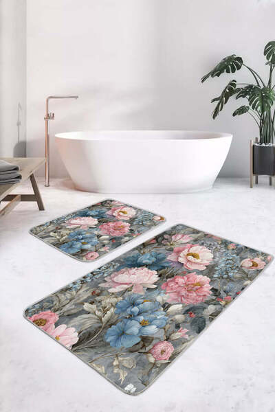 Realhomes مجموعة سجادة حمام حديثة منقوشة بالزهور باللونين الوردي والأزرق مكونة من قطعتين وقاعدة مضادة للانزلاق وقابلة للغسل