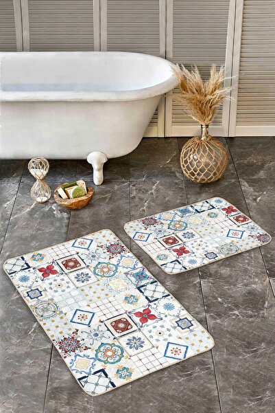 Realhomes بلاط سيراميك عتيق بنمط قاعدة مضادة للانزلاق وقابلة للغسل، مجموعة من قطعتين من سجادة الحمام