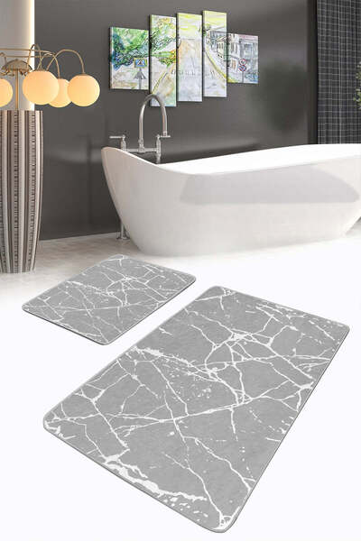 Realhomes Marble Patterned Gray-White Modern 2-Piece Non-Slip Base Washable B...