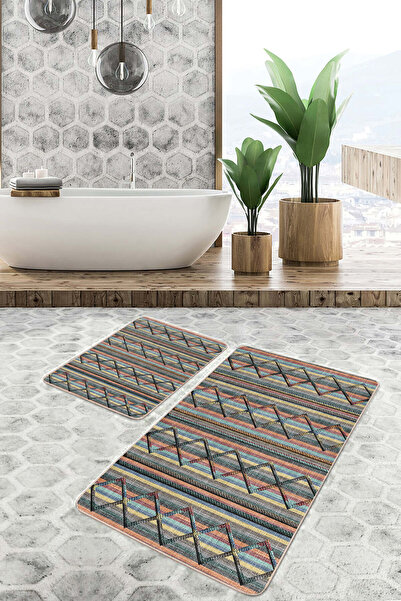 Realhomes Striped and Geometric Patterned 2-Piece Non-Slip Base Washable Bath Mat Set