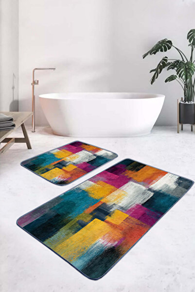 Realhomes Modern Geometric Colorful Yellow-Purple Patterned 2-Piece Non-Slip Base Washable Bath Mat Set