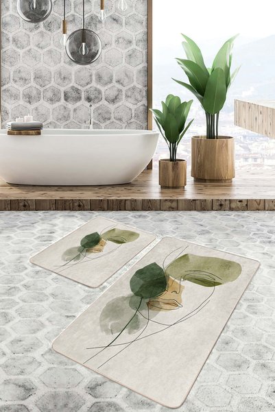 Realhomes Green Beige Abstract Face Figured Modern Striped 2-Piece Non-Slip Base Washable Bath Mat