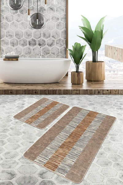Realhomes Brown Cream Striped Modern Designed 2-Piece Non-Slip Base Washable Bath Mat Set