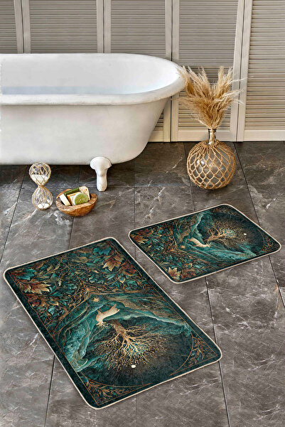 Realhomes Forest and Deer Pattern with Green and Gold Leaves Non-Slip Base Washable 2-Piece Bath Mat Set