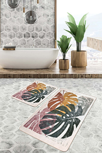 Realhomes Modern 2-Piece Non-Slip Base Washable Bath Mat Set with Tropical Monstera Leaves