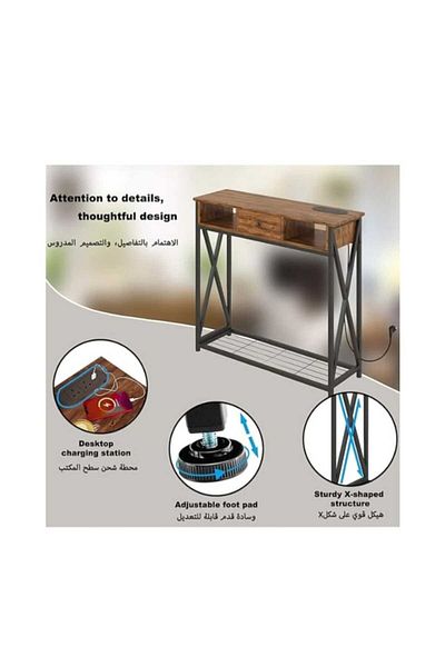 Luxury Home Console Table, Wooden and Iron, 1 Drawer and 2 Shelves, Dark Gray Wood with Dark Frame EI-301