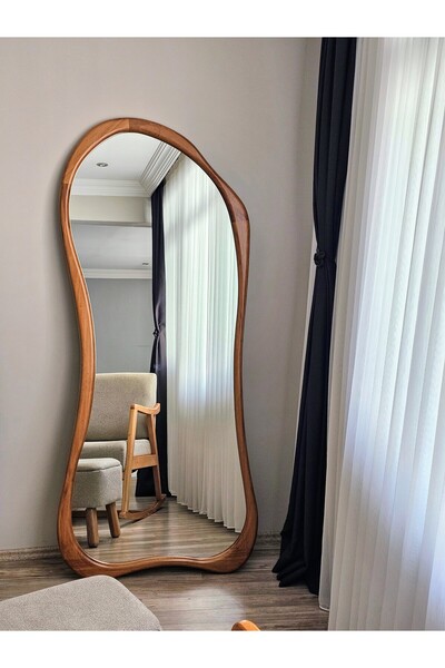 UĞURLU HOME 180x80 Doğal Ahşap Boy Aynası – Ceviz Renk Asimetrik El Yapımı De...