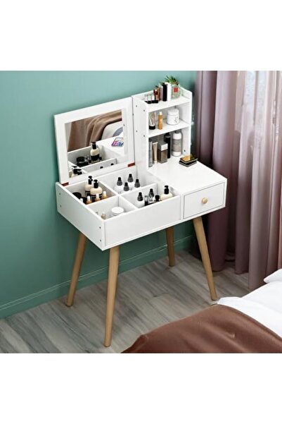 AGD طاولة مكياج بمساحة تخزين واسعة لأدوات التجميل، مزودة بمرآة وأدراج، الأبعاد