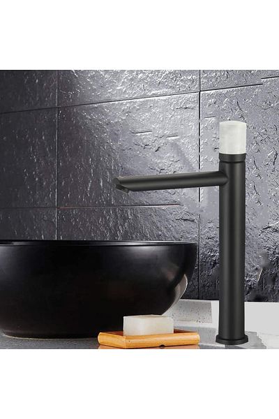 PLOTO Black tall basin mixer with white handle and hoses