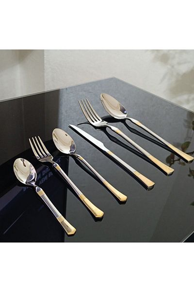 AYD 36 Pieces 6 Person Fork Spoon Knife Set Luxury Gold Patterned Stainless Steel 18/10
