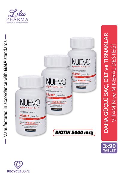 Nuevo Signature 3 Pieces X 90 Tablets Hair, Nail and Skin Supporting 5000 Mcg Biotin, Vitamin and Mineral Complex