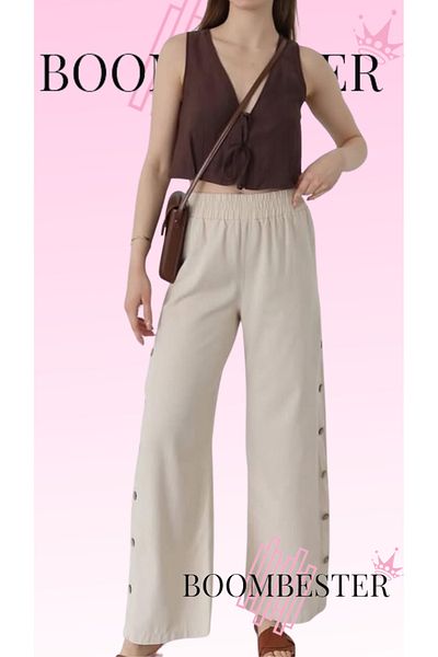 BoomBester 100% Linen Stone Color Elastic Waist Gabardine Button Detailed Trousers