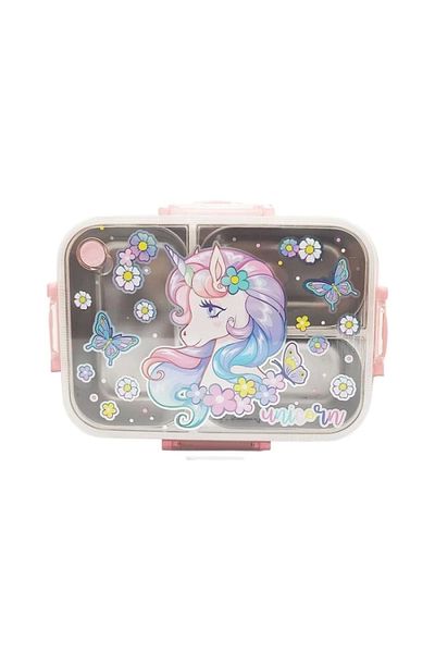 Vest Bes0015 Unicorn 2 Patterned Transparent Lid 3 Compartment 800 ml Steel Nutrition Container