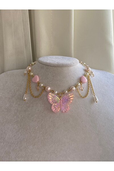bettymettys Pink & Gold Butterfly y2k Fairycore Coquette Tasarım Kolye
