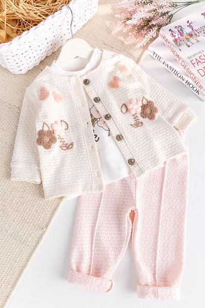 Babymod Baby Girl Cardigan Flower Embroidered 100% Cotton 3 Piece Set