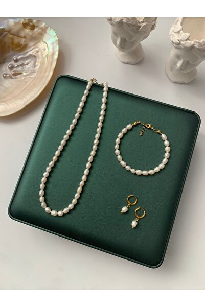 JOVİ ATELİER Sertifikalı Gerçek Doğal Beyaz Orta Boy Arpa Inci Kadın Kolye Bileklik Küpe Çelik Klips Ve Uzatma