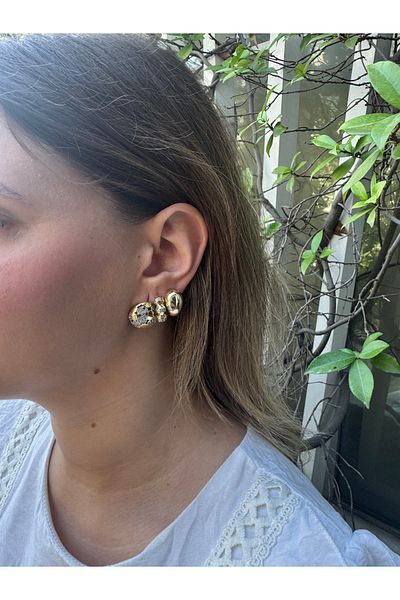 MODA Gold Steel 3-Piece Earrings for Daily and Special Occasions - Stone Model