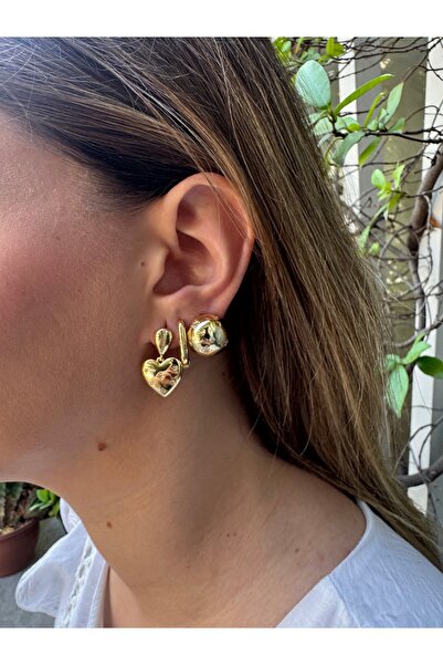 MODA Gold Çelik 3’lü Küpe Seti - Kalp ve Yıldız Taş İşlemeli Kararmaz