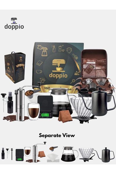 DOPPİO ماكينة صنع القهوة اليدوية V60 Premium Pour Over من DOPPIO، 12 قطعة، مع مجموعة مطحنة يدوية وقطر