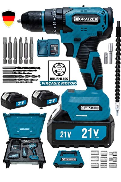 Graizer Alman Technology 21 V Ah Kömürsüz Darbeli Çift Akülü Şarjlı Vidalama Matkap 10 Pilli Akü