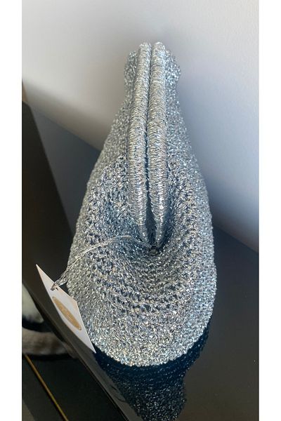PeriStore Silver Metallic Rope Knitted Portfolio Bag 35X25Cm Large Size