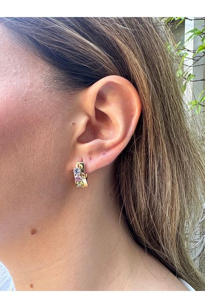 MODA Gold Colored Steel Earrings – Sparkling Model with Pink Purple Yellow Stones (17 mm)