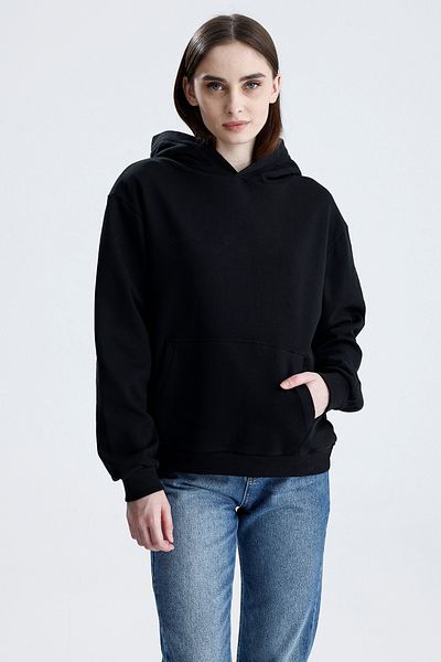 Sofist İstanbul Black Relaxed Fit Unisex Hoodie 100% Cotton Hooded Kangaroo Pocket Solid Color